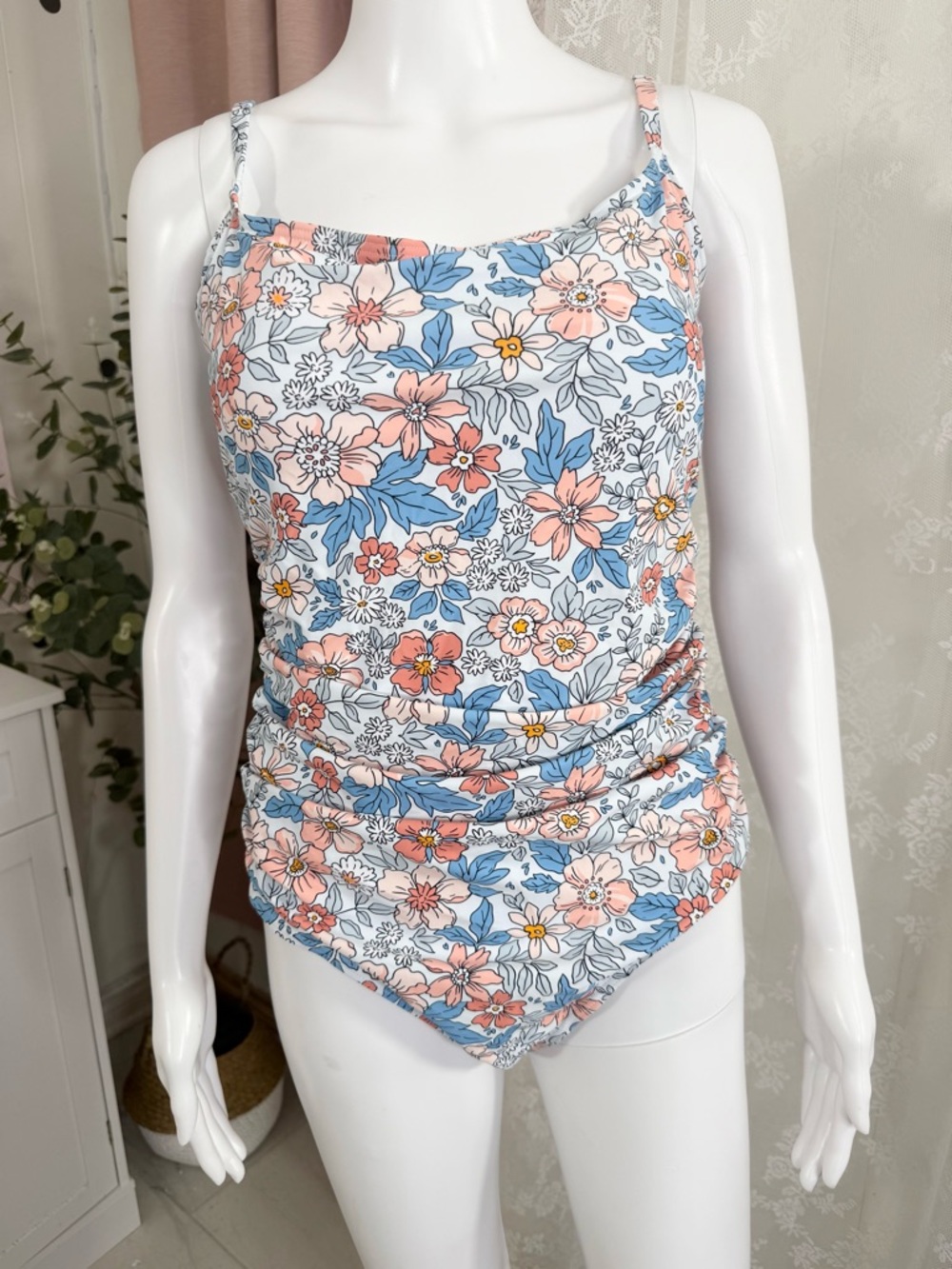 Floral Tank One-Piece Swimsuit in Pastel Blue and Pink BIN#8